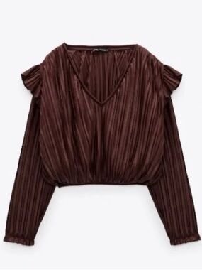 Zara Dark Brown Pleated Ruffle
Cropped Blouse